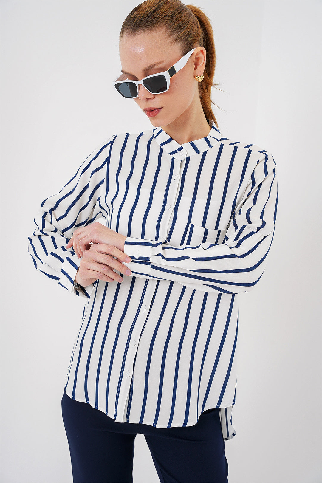 BGD Women Women's Long Sleeve Striped Shirt 20283 - Navy Blue - Gillingham