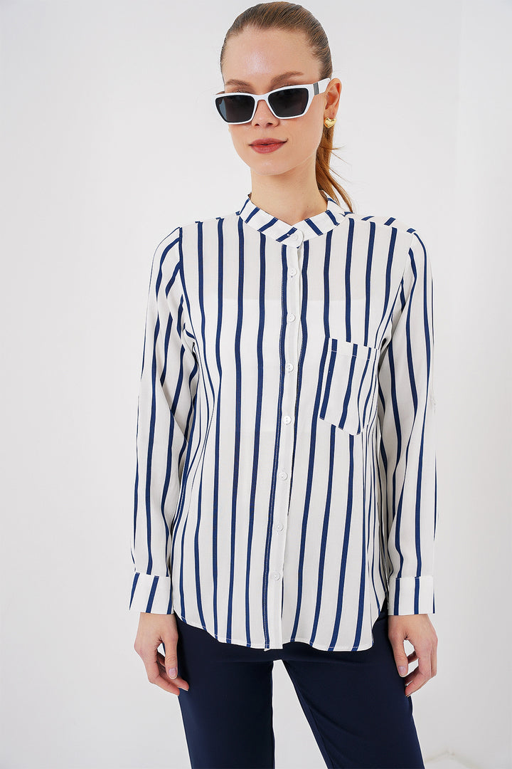 BGD Women Women's Long Sleeve Striped Shirt 20283 - Navy Blue - Gillingham