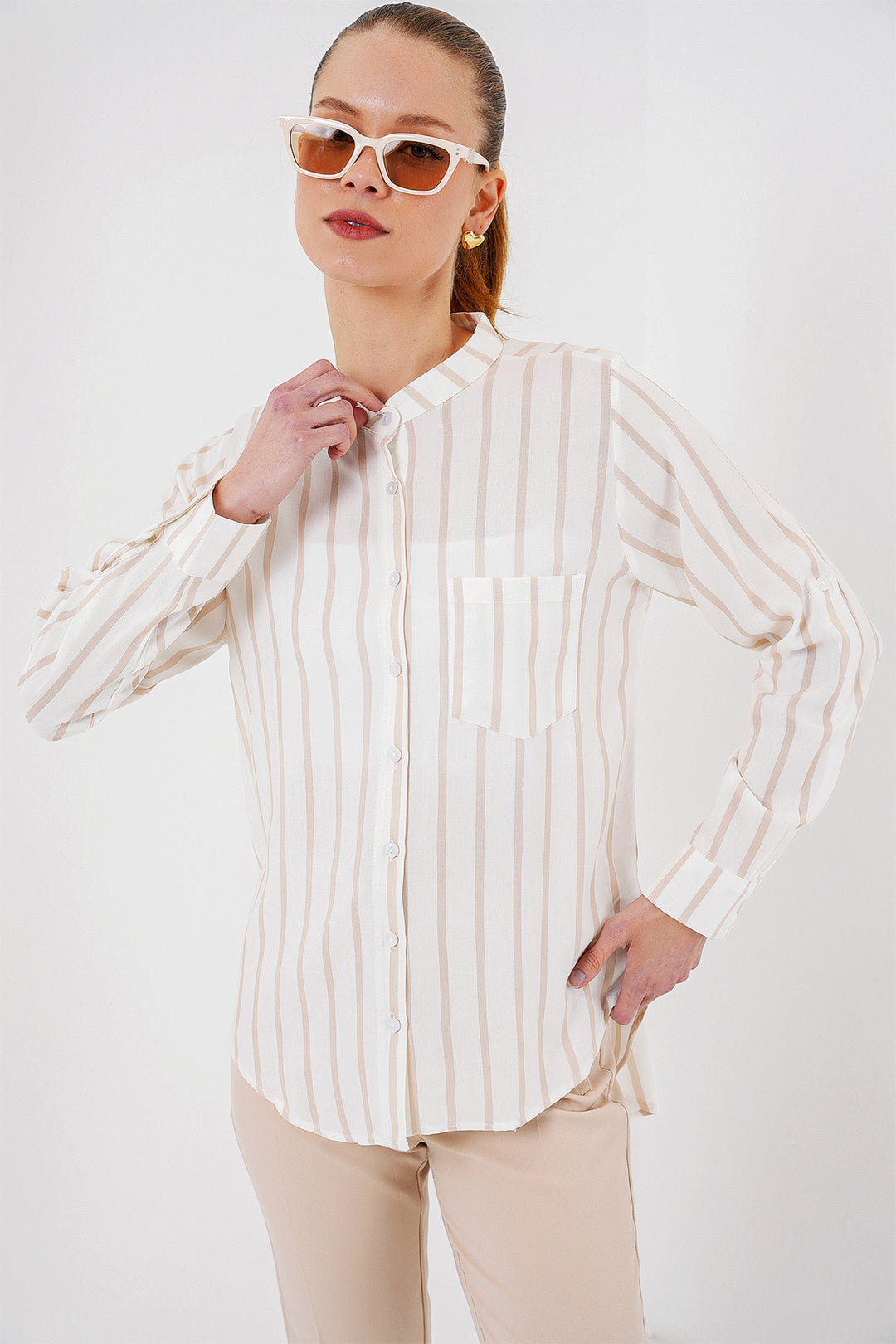 BGD Women Woman Long Sleeve Striped Shirt 20283 - Beige - Burlington