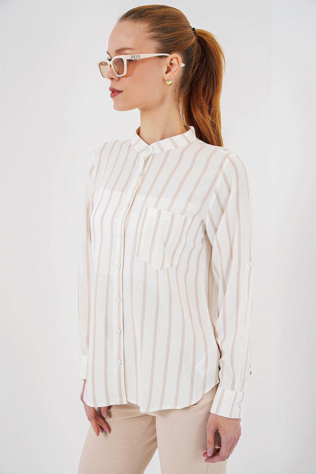 BGD Women Woman Long Sleeve Striped Shirt 20283 - Beige - Burlington