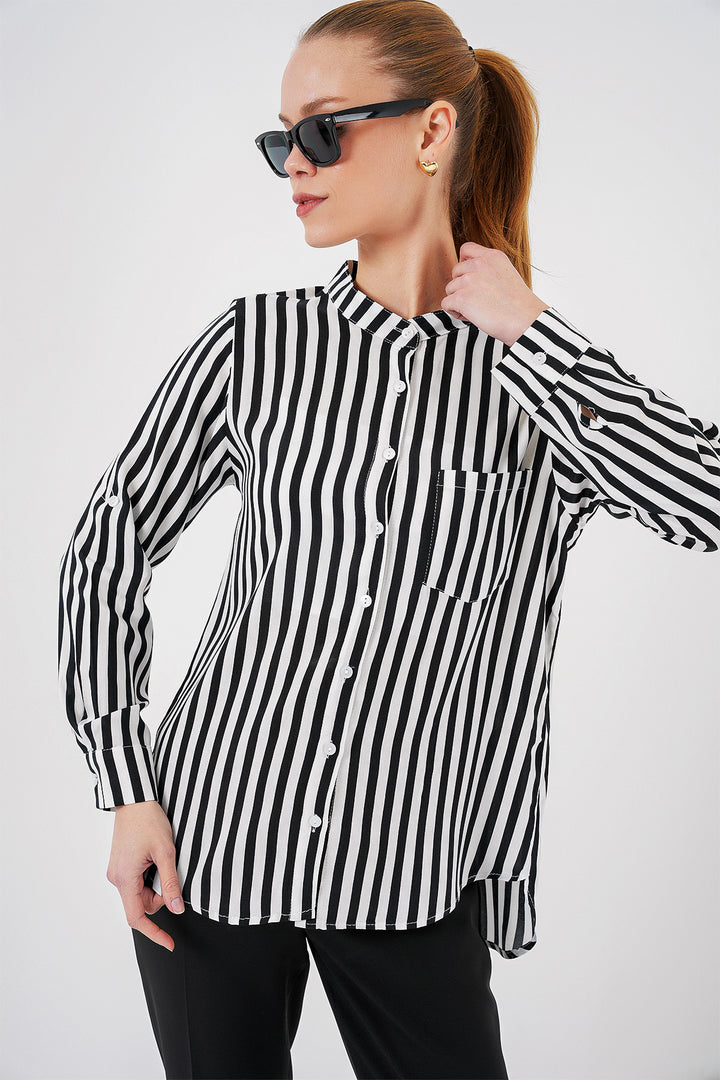 BGD Women Women's Long Sleeve Striped Shirt 20283 - White - Launceston