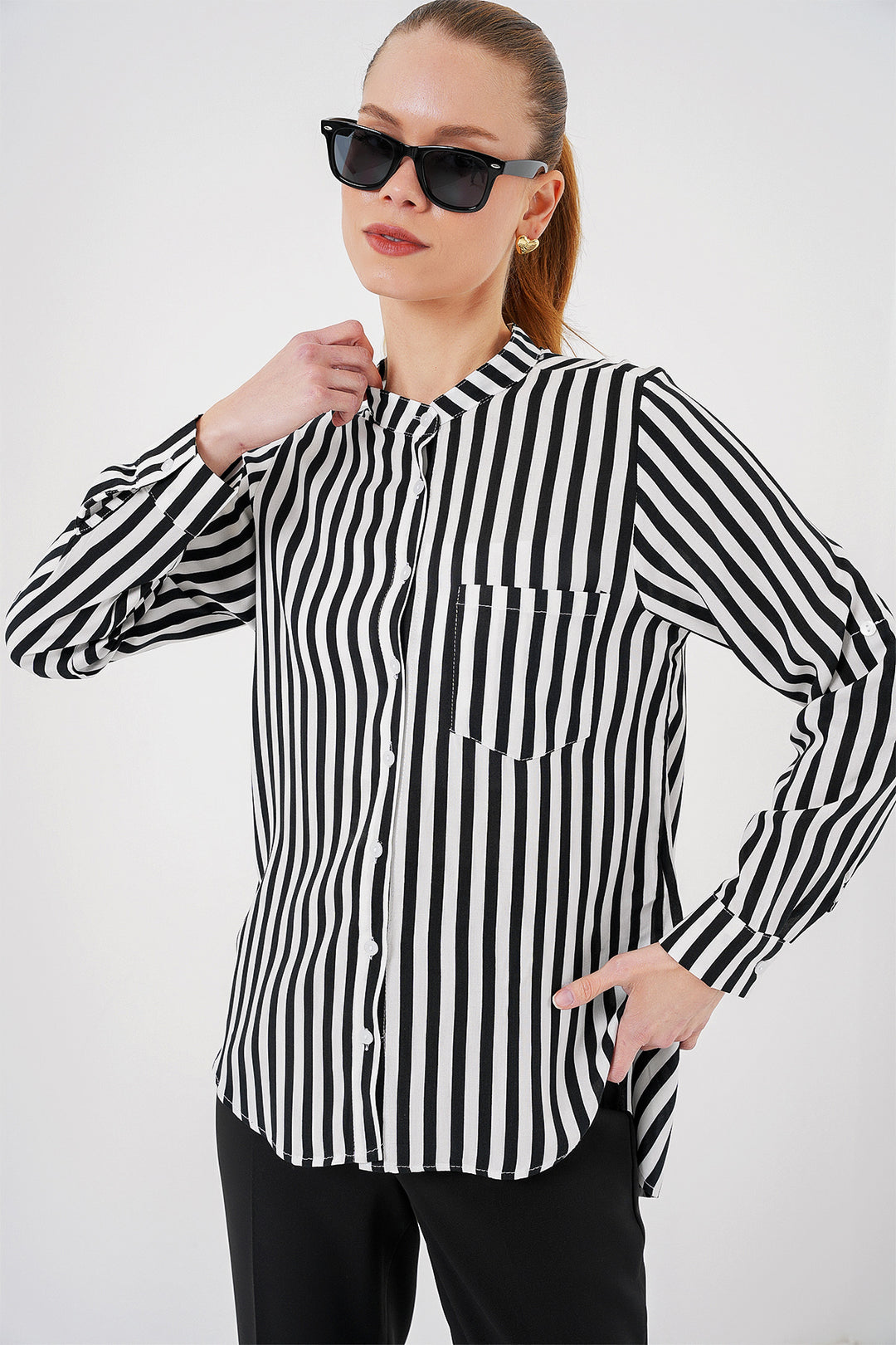 BGD Women Women's Long Sleeve Striped Shirt 20283 - White - Launceston