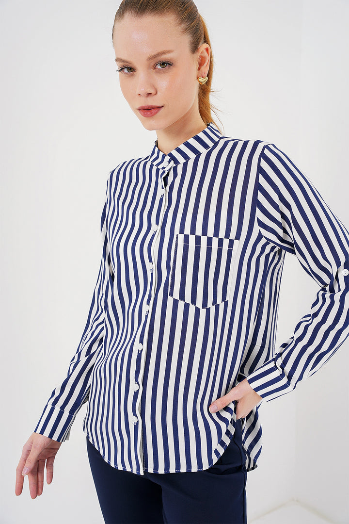 BGD Women Women's Long Sleeve Striped Shirt 20283 - Navy Blue - Ajax