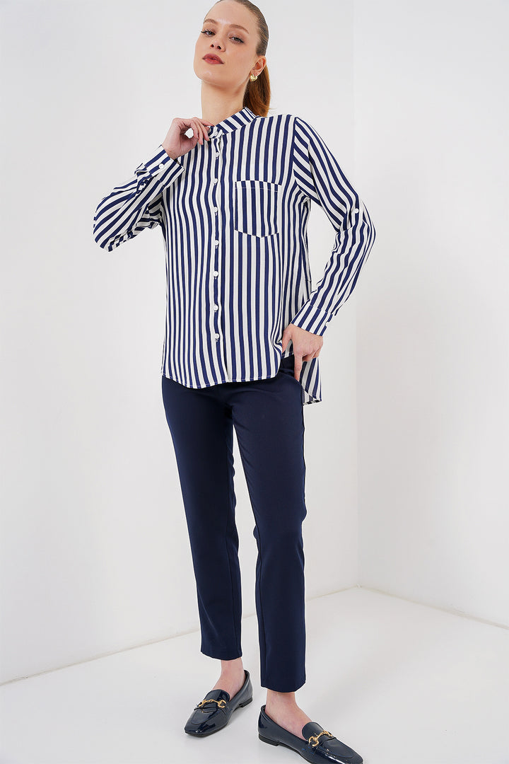 BGD Women Women's Long Sleeve Striped Shirt 20283 - Navy Blue - Ajax