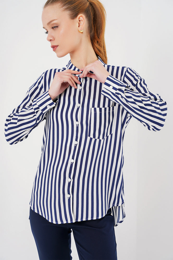 BGD Women Women's Long Sleeve Striped Shirt 20283 - Navy Blue - Ajax