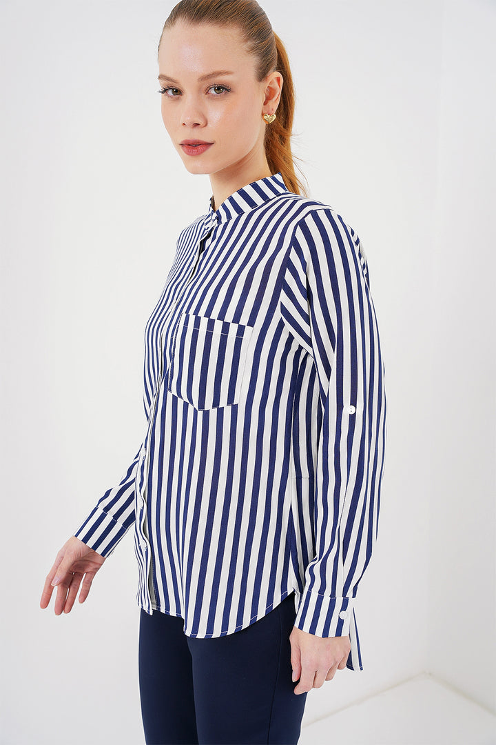 BGD Women Women's Long Sleeve Striped Shirt 20283 - Navy Blue - Ajax