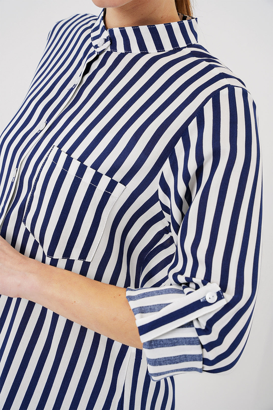 BGD Women Women's Long Sleeve Striped Shirt 20283 - Navy Blue - Ajax
