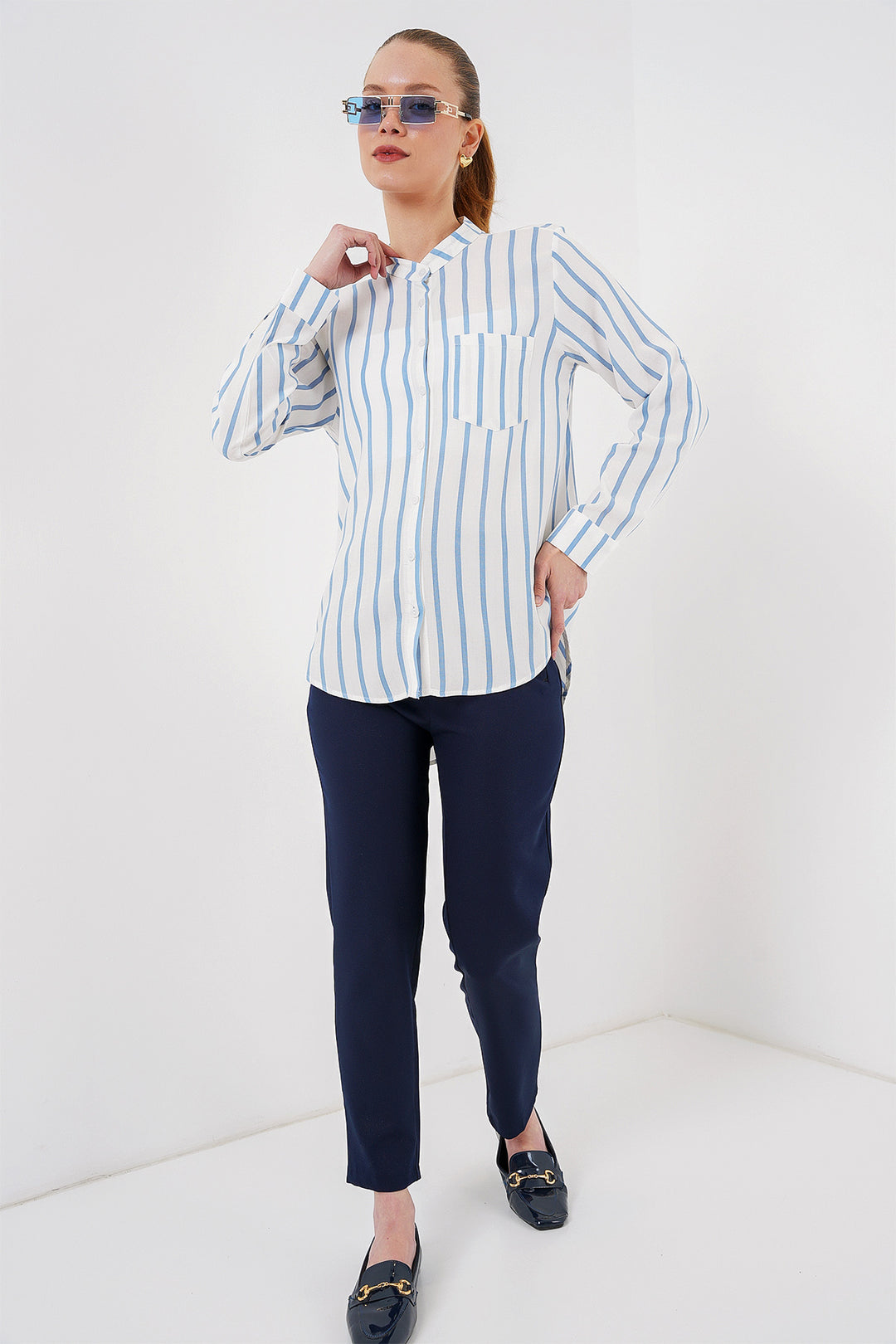 BGD Women Women's Long Sleeve Striped Shirt 20283 - Blue - Coachella