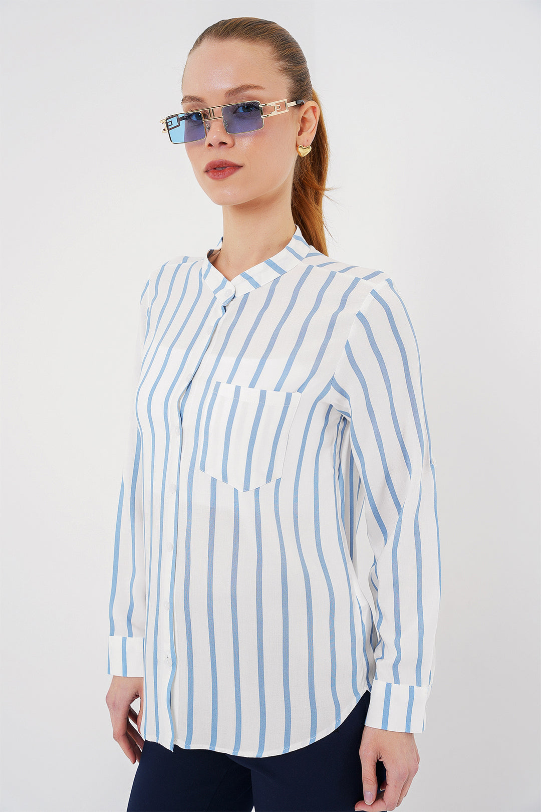 BGD Women Women's Long Sleeve Striped Shirt 20283 - Blue - Coachella