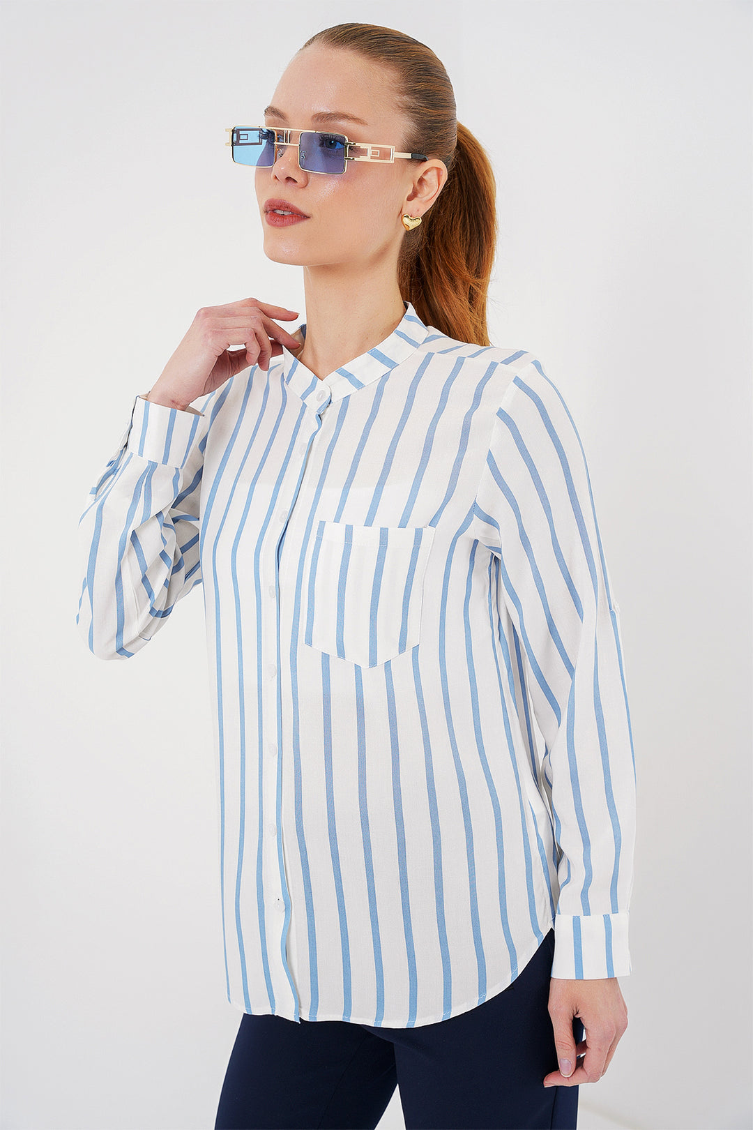 BGD Women Women's Long Sleeve Striped Shirt 20283 - Blue - Coachella