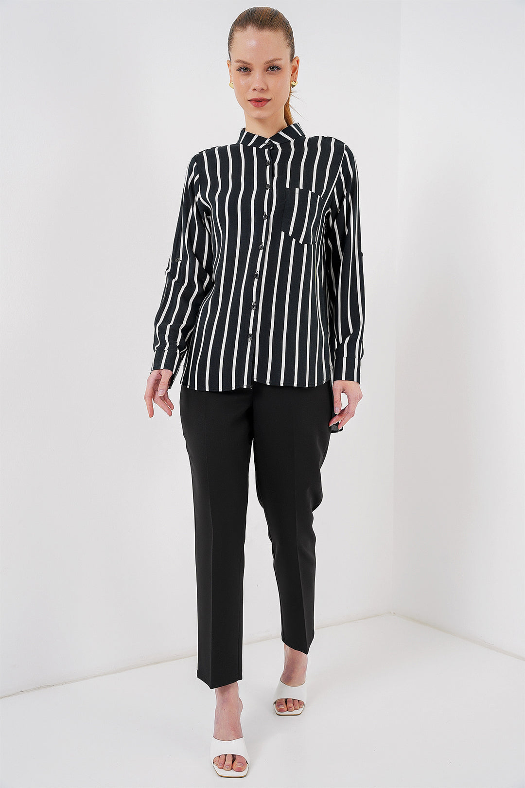 BGD Women Women's Long Sleeve Striped Shirt 20283 - Black - Cologno Monzese