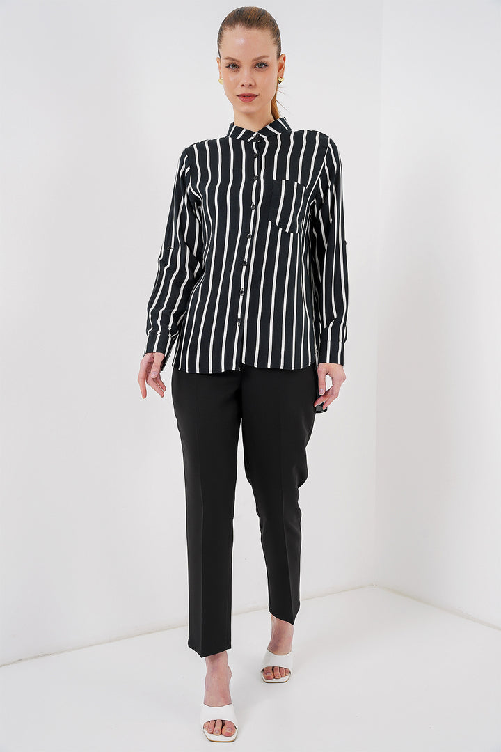 BGD Women Women's Long Sleeve Striped Shirt 20283 - Black - Cologno Monzese