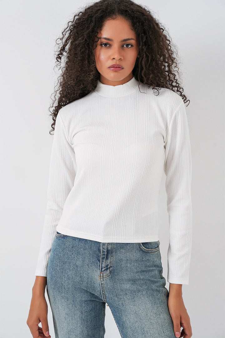 BGD Women Women's Long Sleeve Ribbed Bodysuit 976 - White - East Lansing