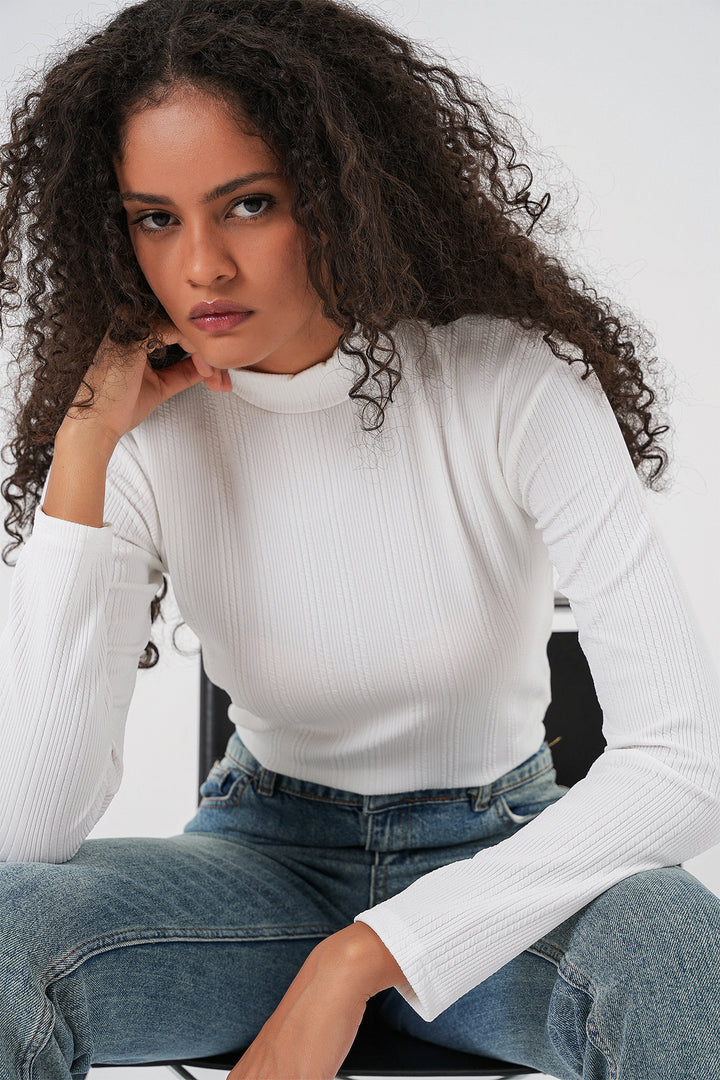 BGD Women Women's Long Sleeve Ribbed Bodysuit 976 - White - East Lansing