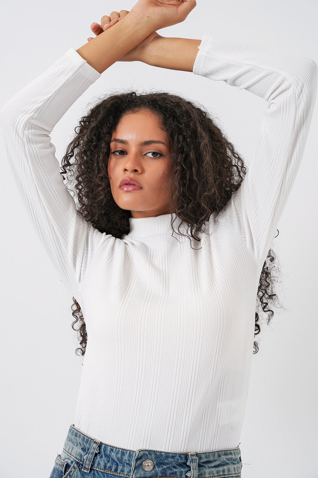 BGD Women Women's Long Sleeve Ribbed Bodysuit 976 - White - East Lansing