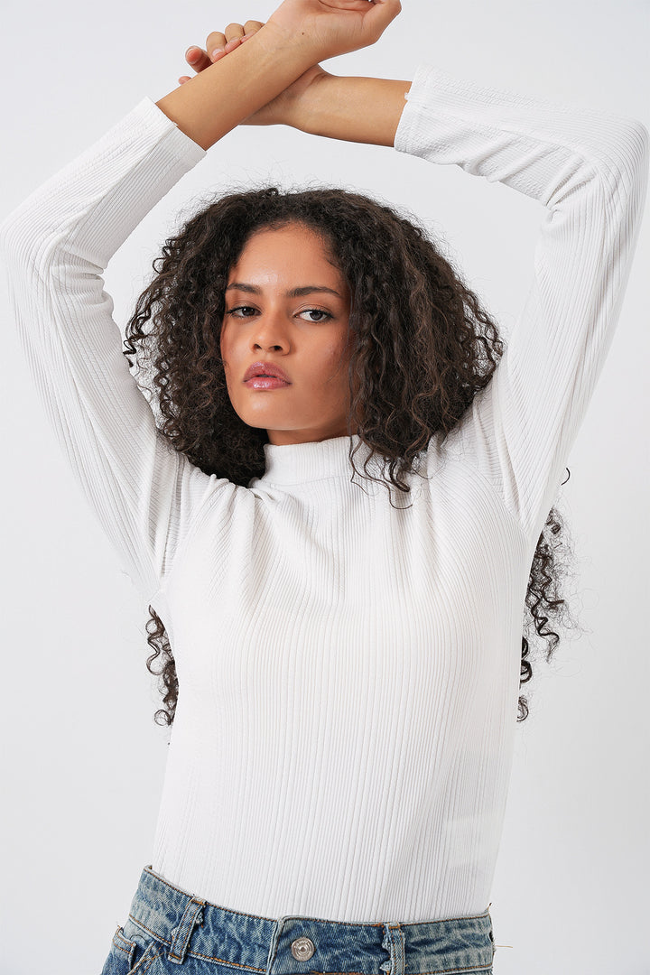 BGD Women Women's Long Sleeve Ribbed Bodysuit 976 - White - East Lansing