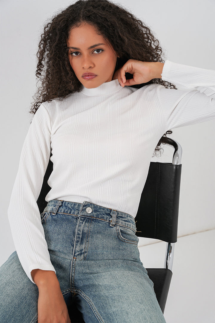 BGD Women Women's Long Sleeve Ribbed Bodysuit 976 - White - East Lansing