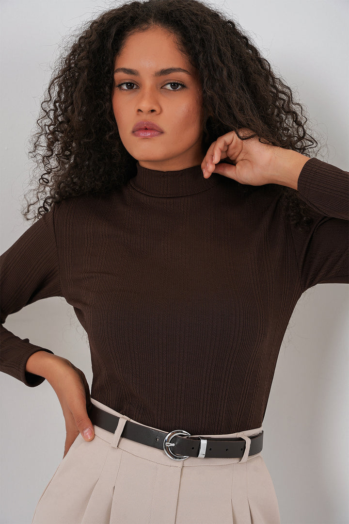 BGD Women Women's Long Sleeve Ribbed Bodysuit 976 - Brown - Sainte-Geneviève-des-Bois