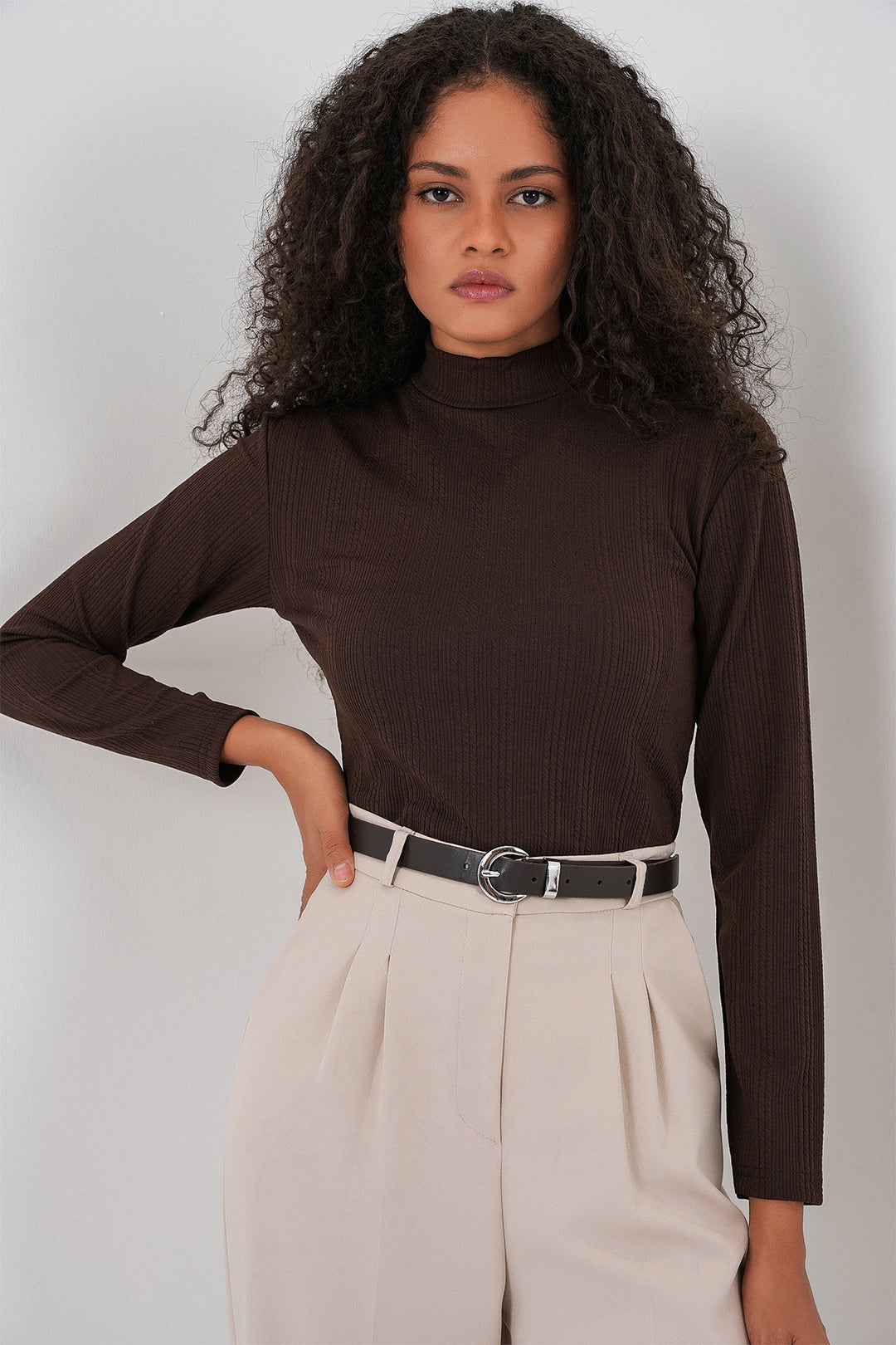 BGD Women Women's Long Sleeve Ribbed Bodysuit 976 - Brown - Albstadt