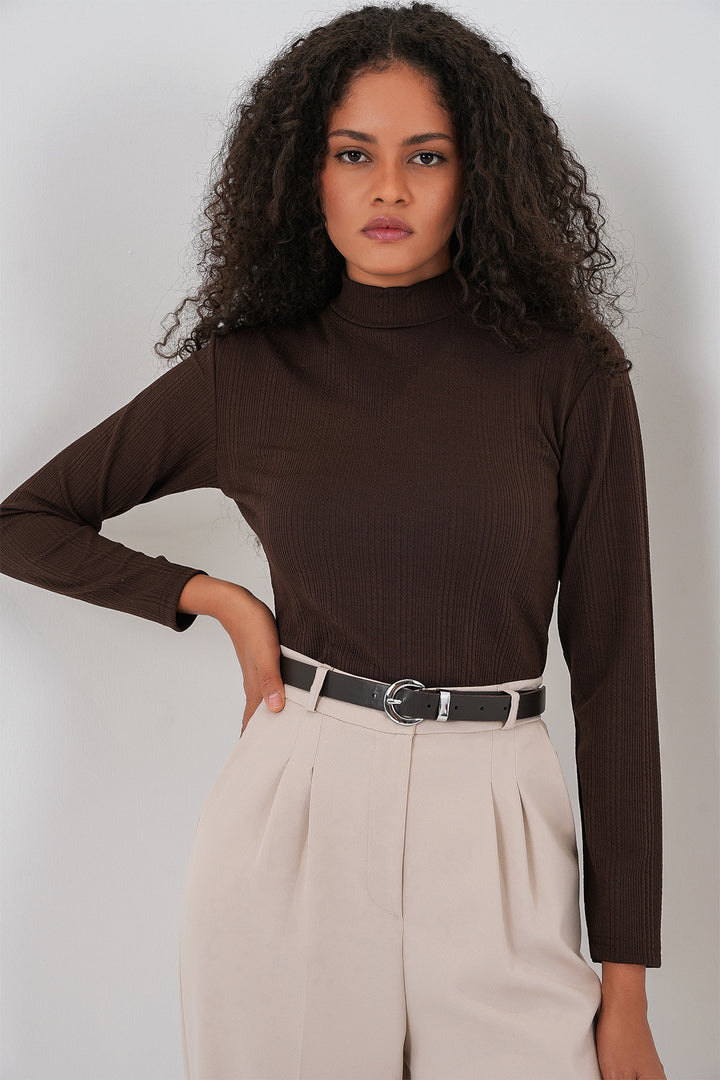 BGD Women Women's Long Sleeve Ribbed Bodysuit 976 - Brown - Albstadt