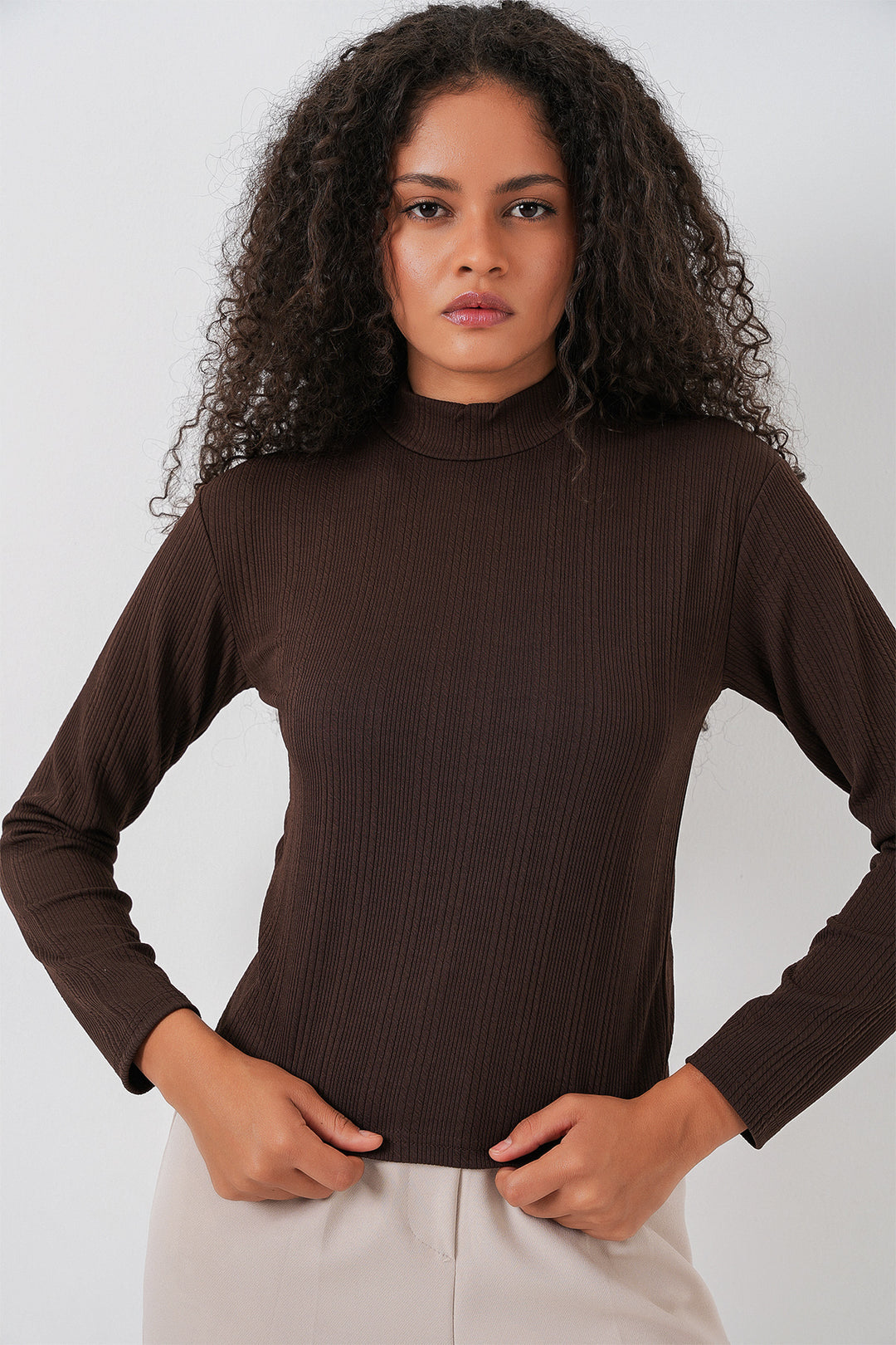 BGD Women Women's Long Sleeve Ribbed Bodysuit 976 - Brown - Albstadt