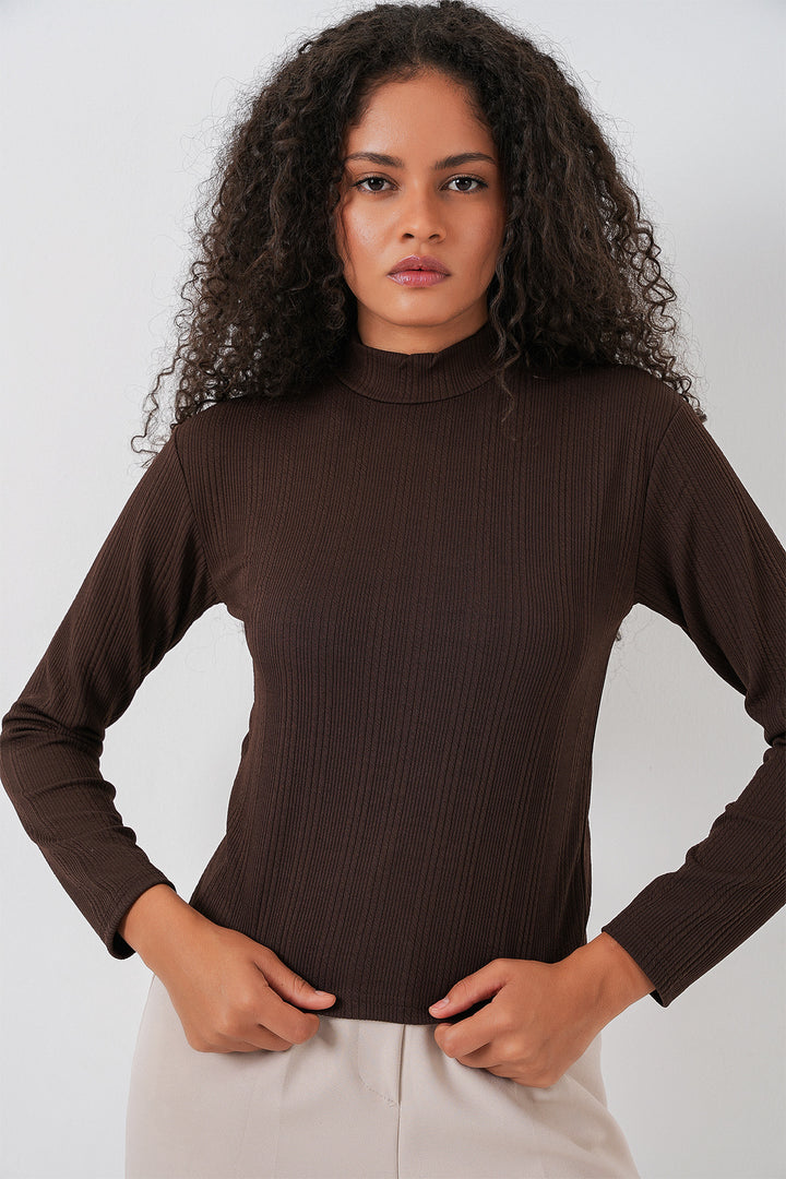 BGD Women Women's Long Sleeve Ribbed Bodysuit 976 - Brown - Albstadt
