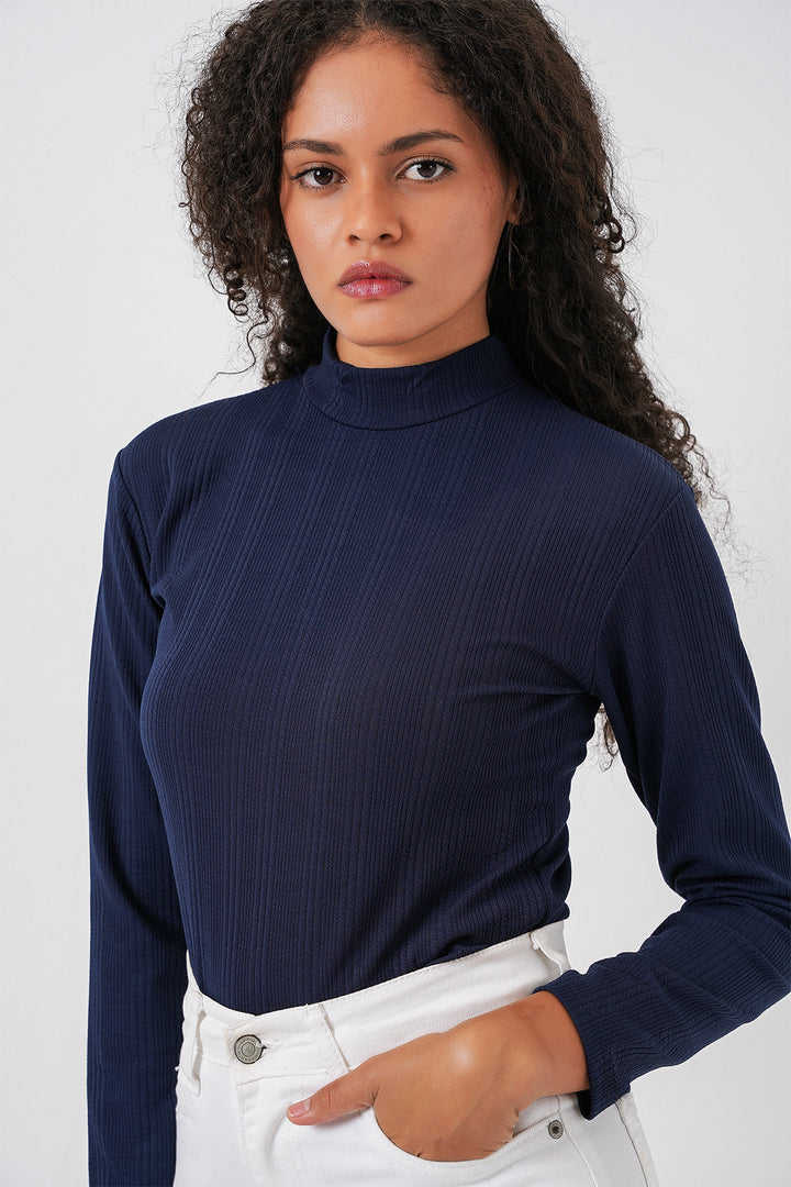 BGD Women Women's Long Sleeve Ribbed Bodysuit 976 - Navy Blue - Emmen