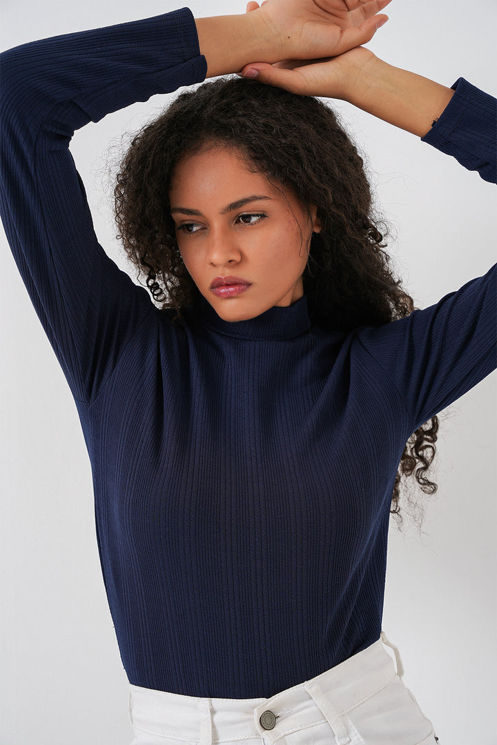 BGD Women Women's Long Sleeve Ribbed Bodysuit 976 - Navy Blue - Emmen