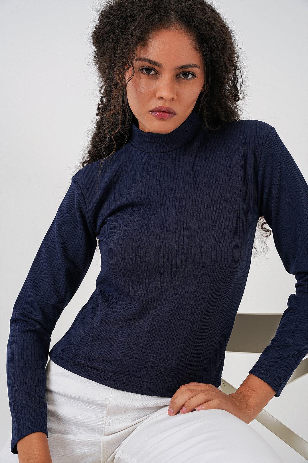 BGD Women Women's Long Sleeve Ribbed Bodysuit 976 - Navy Blue - Emmen