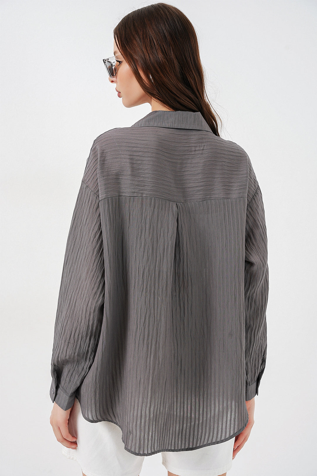 BGD Women Kadın Uzun Oversize Gömlek 20320 - Antrasit - Istres
