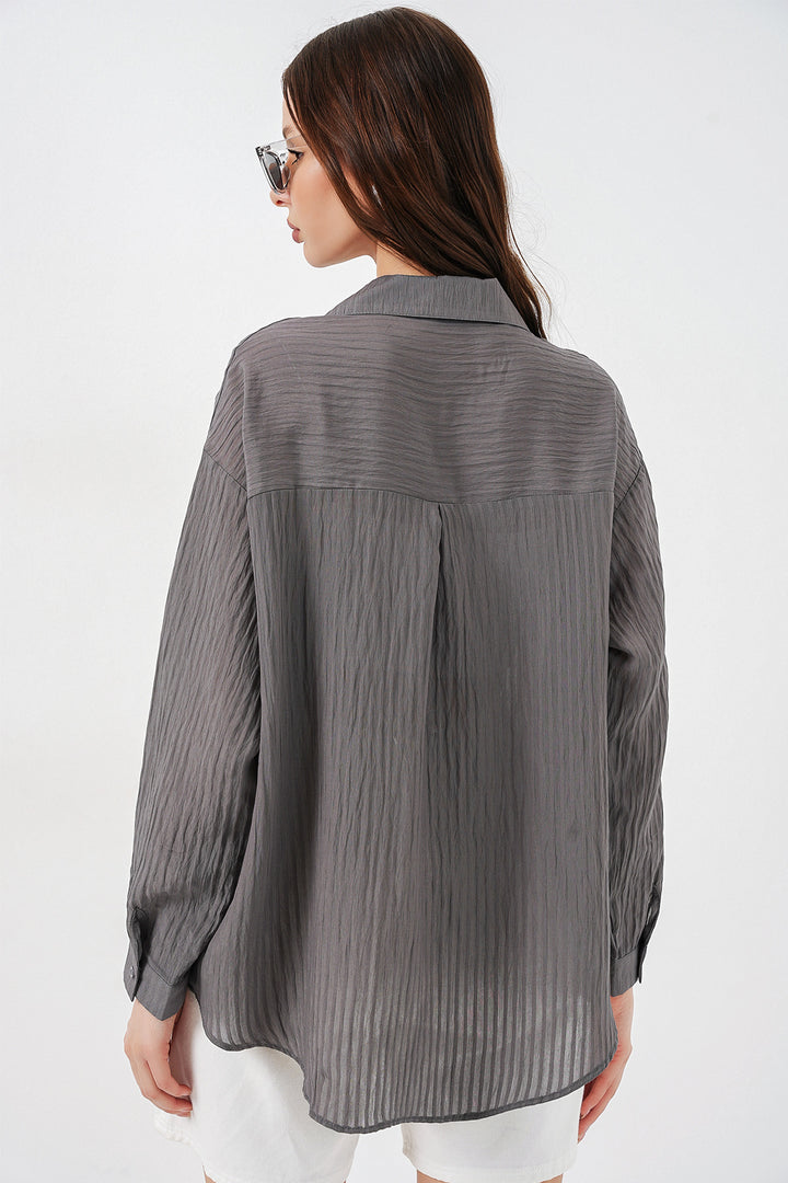 BGD Women Kadın Uzun Oversize Gömlek 20320 - Antrasit - Istres