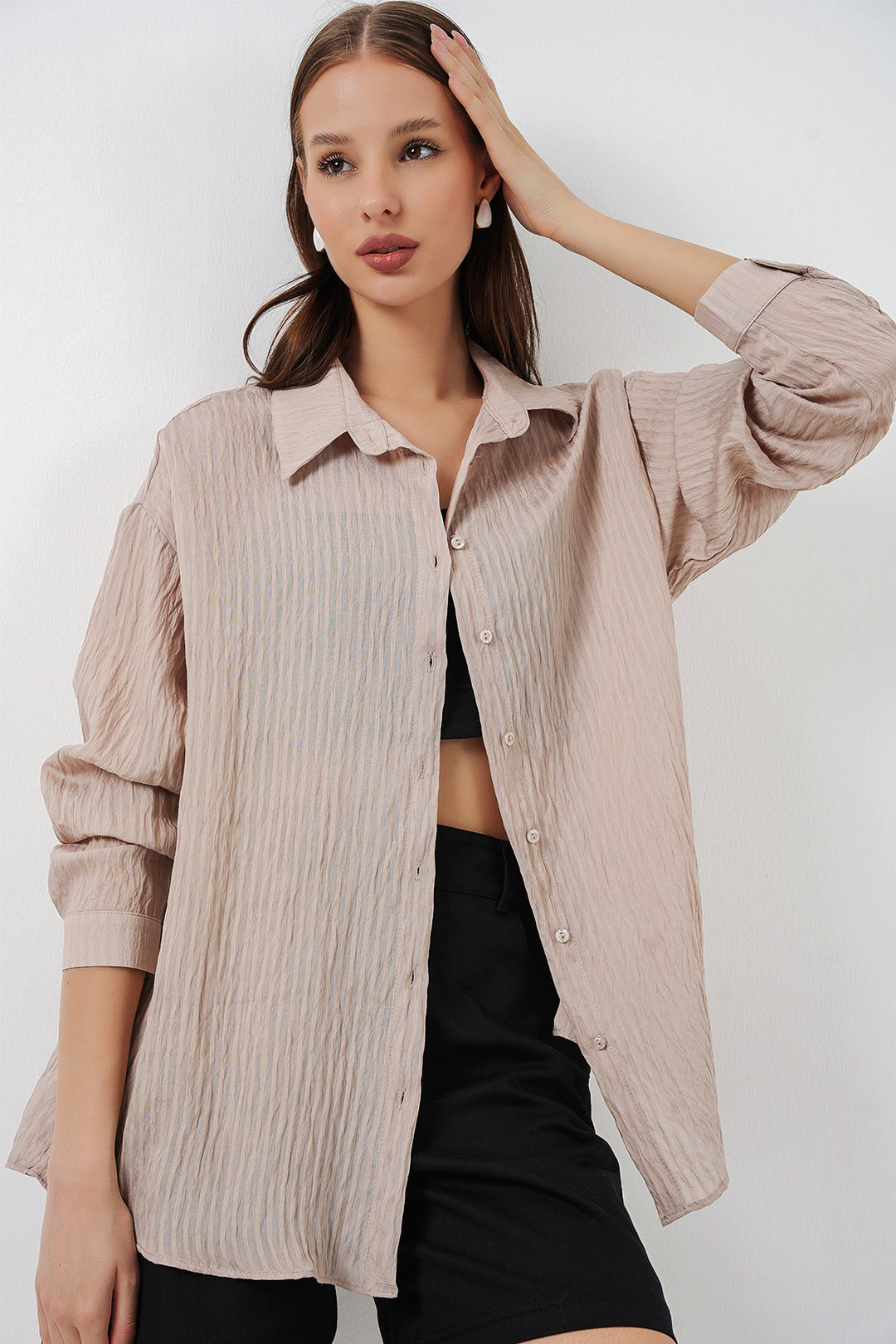 BGD Women Kadın Uzun Oversize Gömlek 20320 - Bej - Inglewood