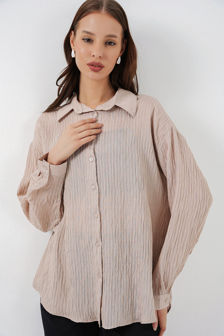 BGD Women Kadın Uzun Oversize Gömlek 20320 - Bej - Inglewood