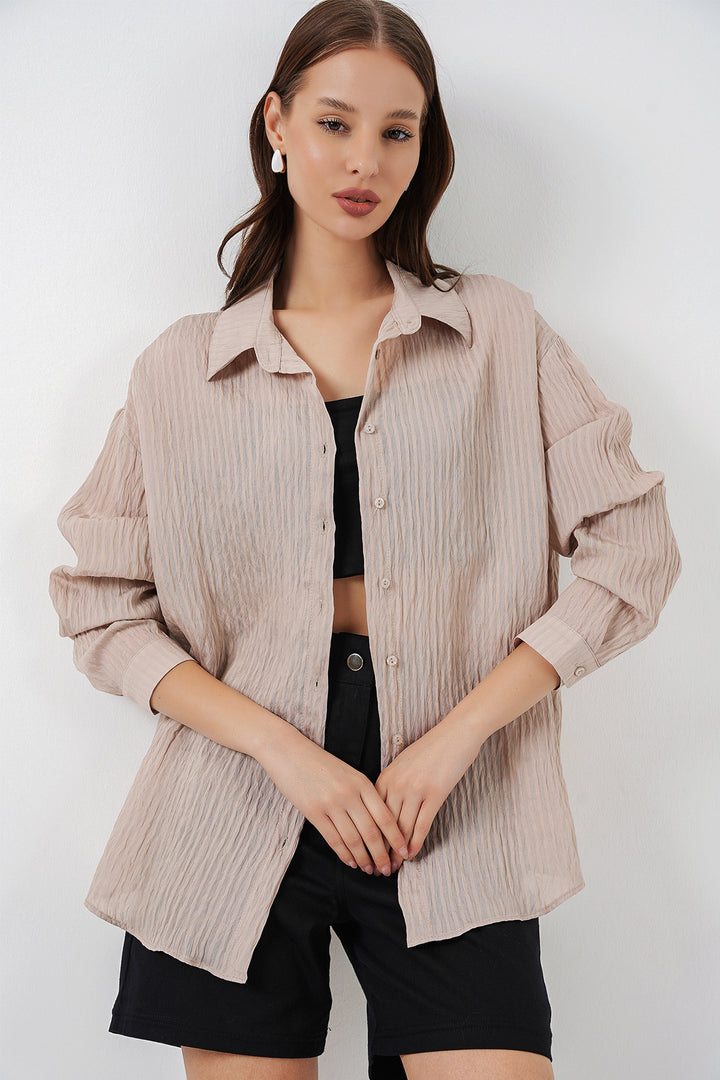 BGD Women Kadın Uzun Oversize Gömlek 20320 - Bej - Inglewood