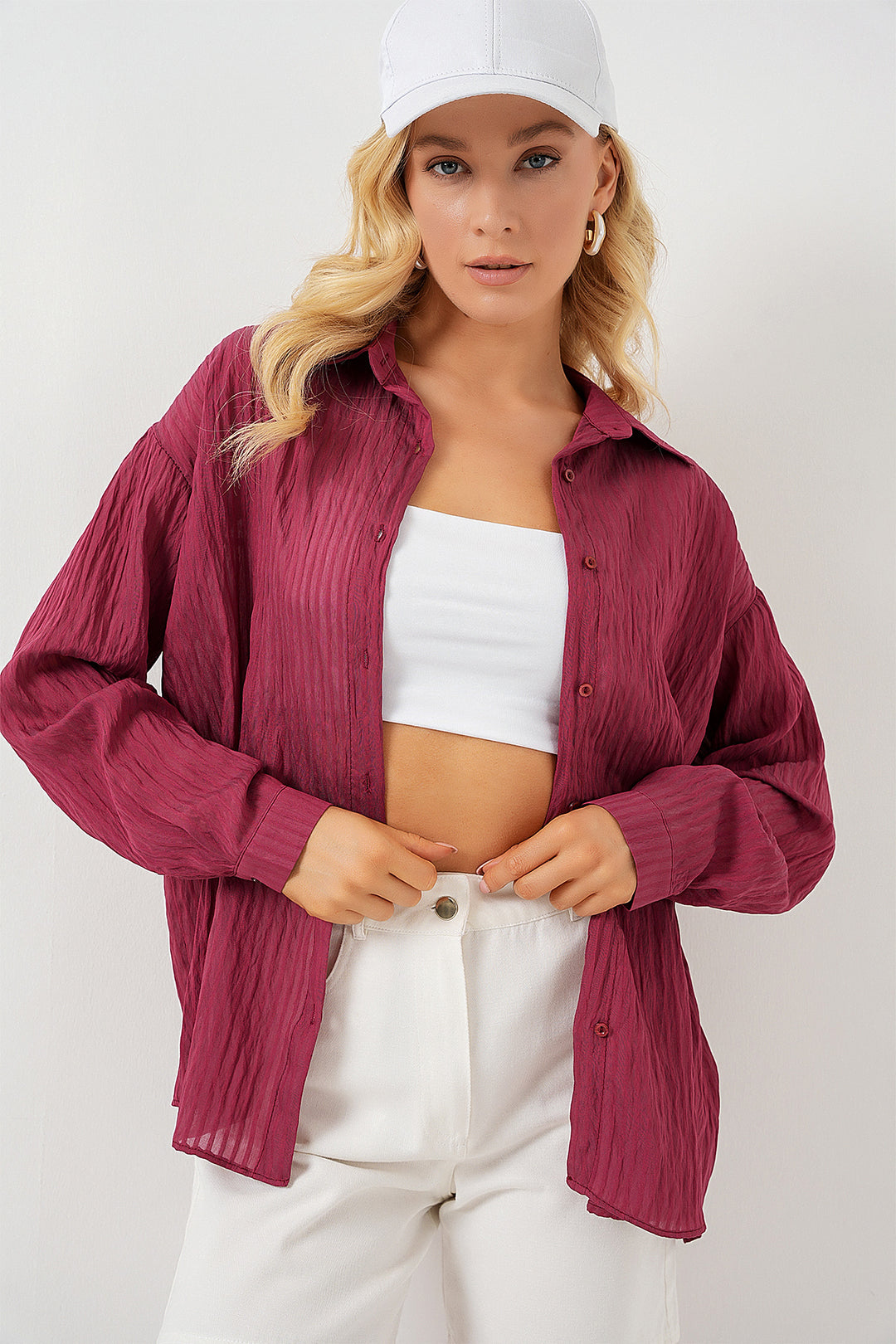 BGD Women Women's Long Oversized Shirt 20320 - Burgundy - Cumberland
