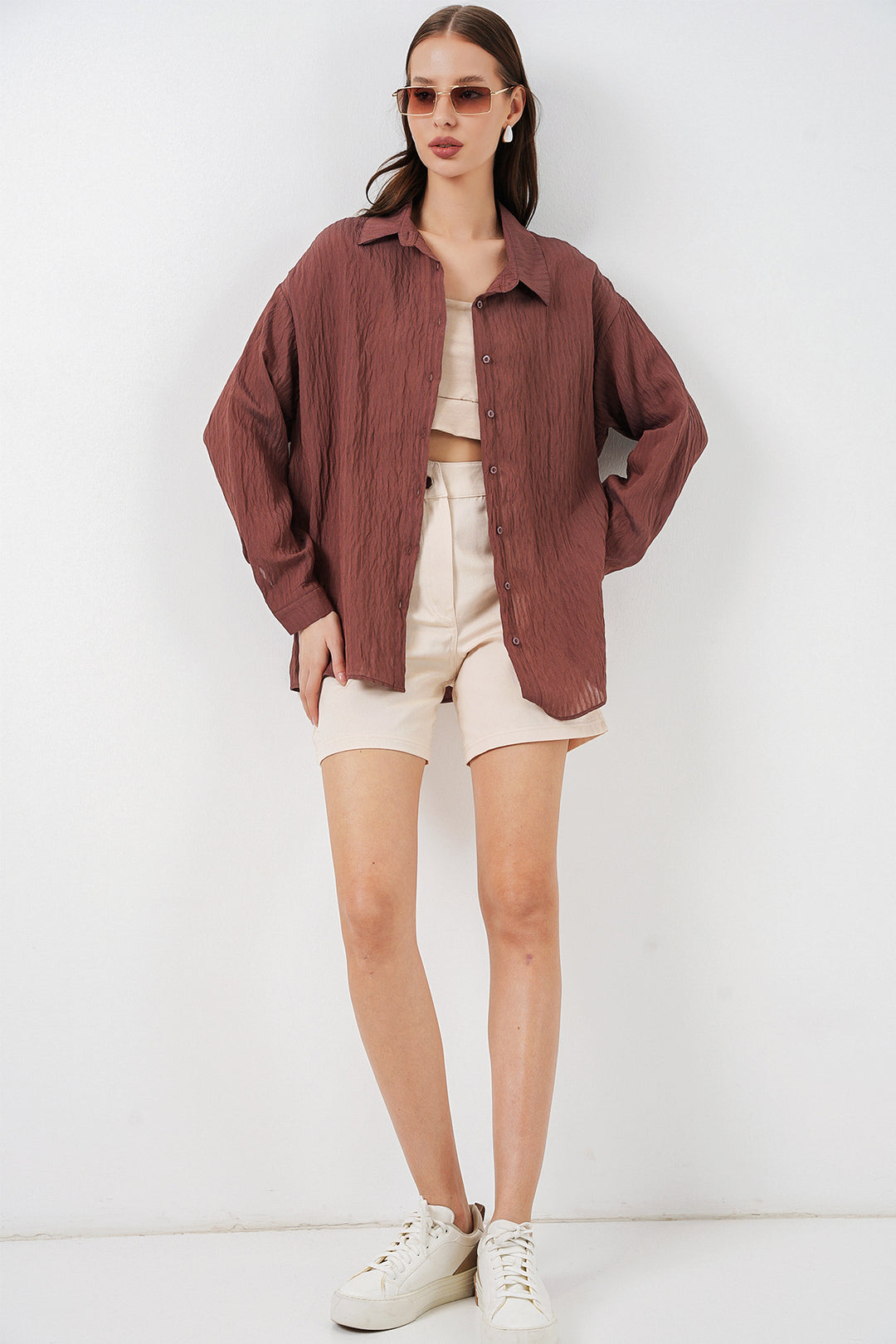 BGD Women Kadın Uzun Oversize Gömlek 20320 - Kahverengi - Torrevieja