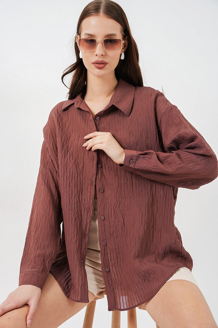 BGD Women Kadın Uzun Oversize Gömlek 20320 - Kahverengi - Torrevieja