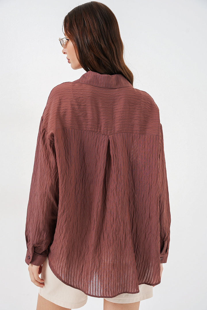 BGD Women Kadın Uzun Oversize Gömlek 20320 - Kahverengi - Torrevieja