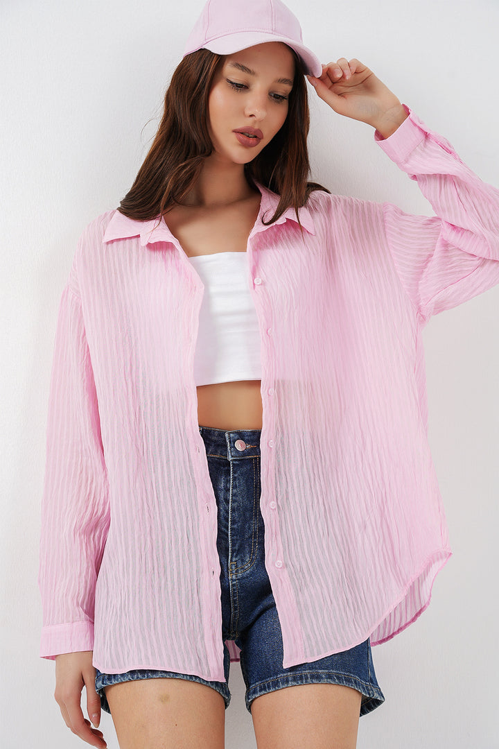 BGD Women Kadın Uzun Oversize Gömlek 20320 - Pudra - York