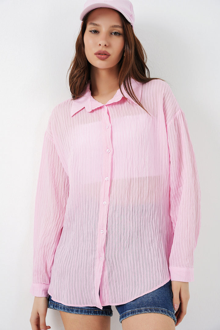 BGD Women Kadın Uzun Oversize Gömlek 20320 - Pudra - York