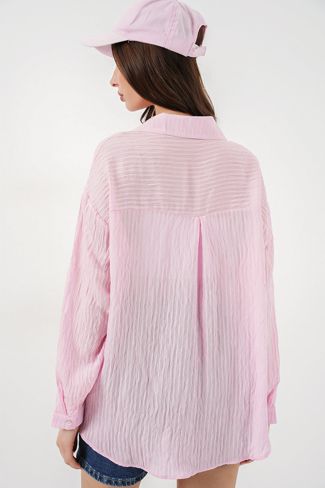 BGD Women Kadın Uzun Oversize Gömlek 20320 - Pudra - York