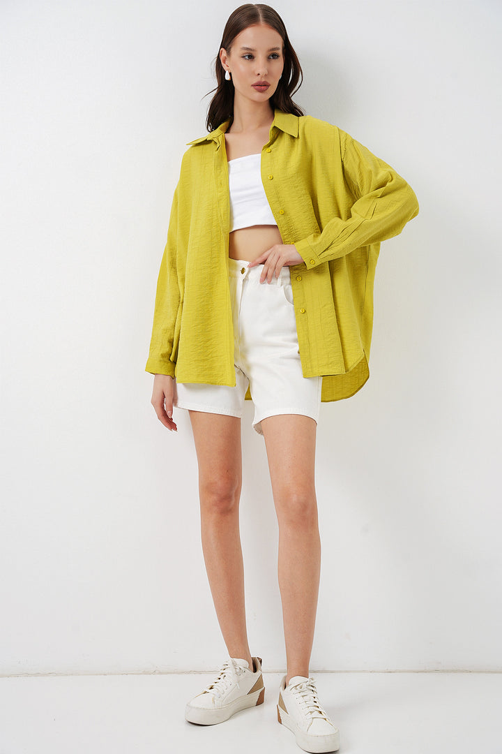 BGD Women Kadın Uzun Oversize Gömlek 20334 - Hardal - Ardea