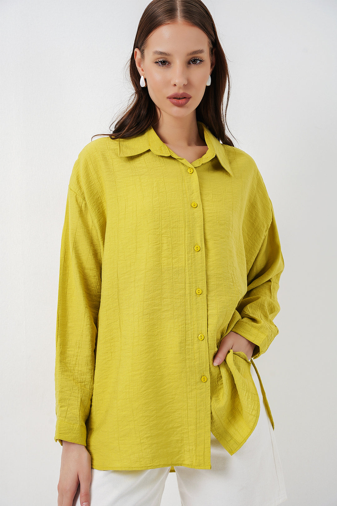 BGD Women Kadın Uzun Oversize Gömlek 20334 - Hardal - Ardea