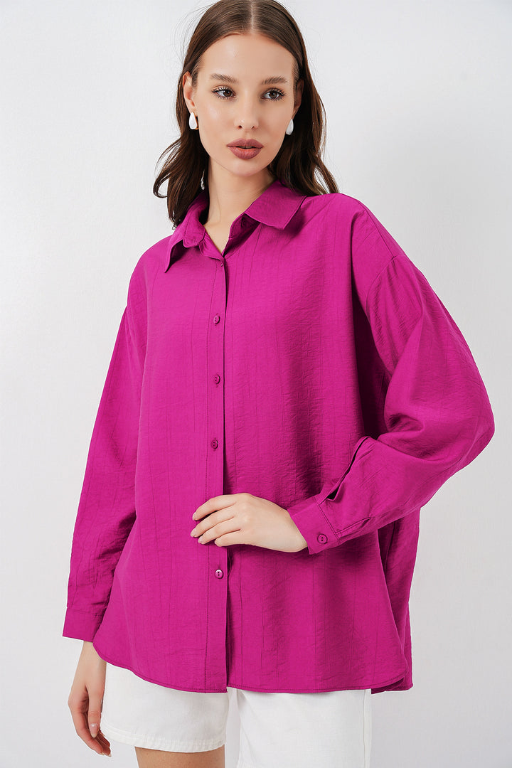 BGD Women Kadın Uzun Oversize Gömlek 20334 - Koyu Pembe - McAllen