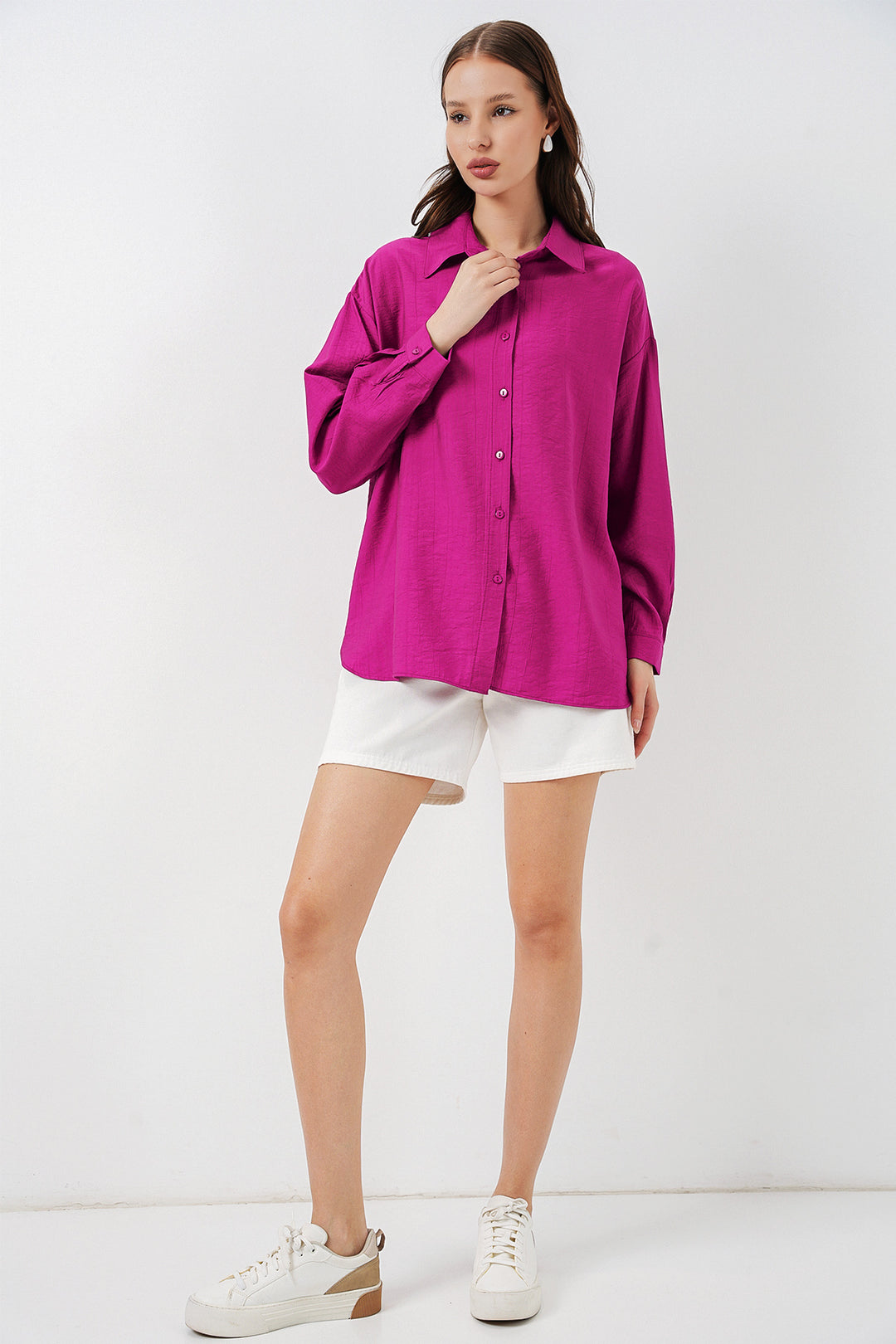 BGD Women Kadın Uzun Oversize Gömlek 20334 - Koyu Pembe - McAllen