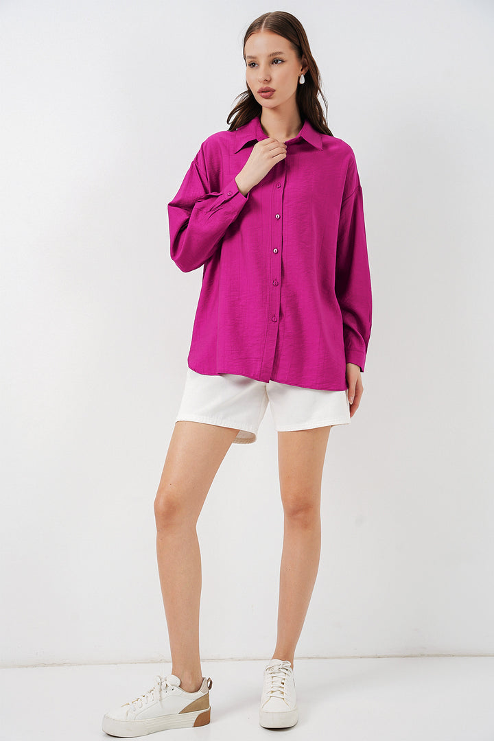 BGD Women Kadın Uzun Oversize Gömlek 20334 - Koyu Pembe - McAllen