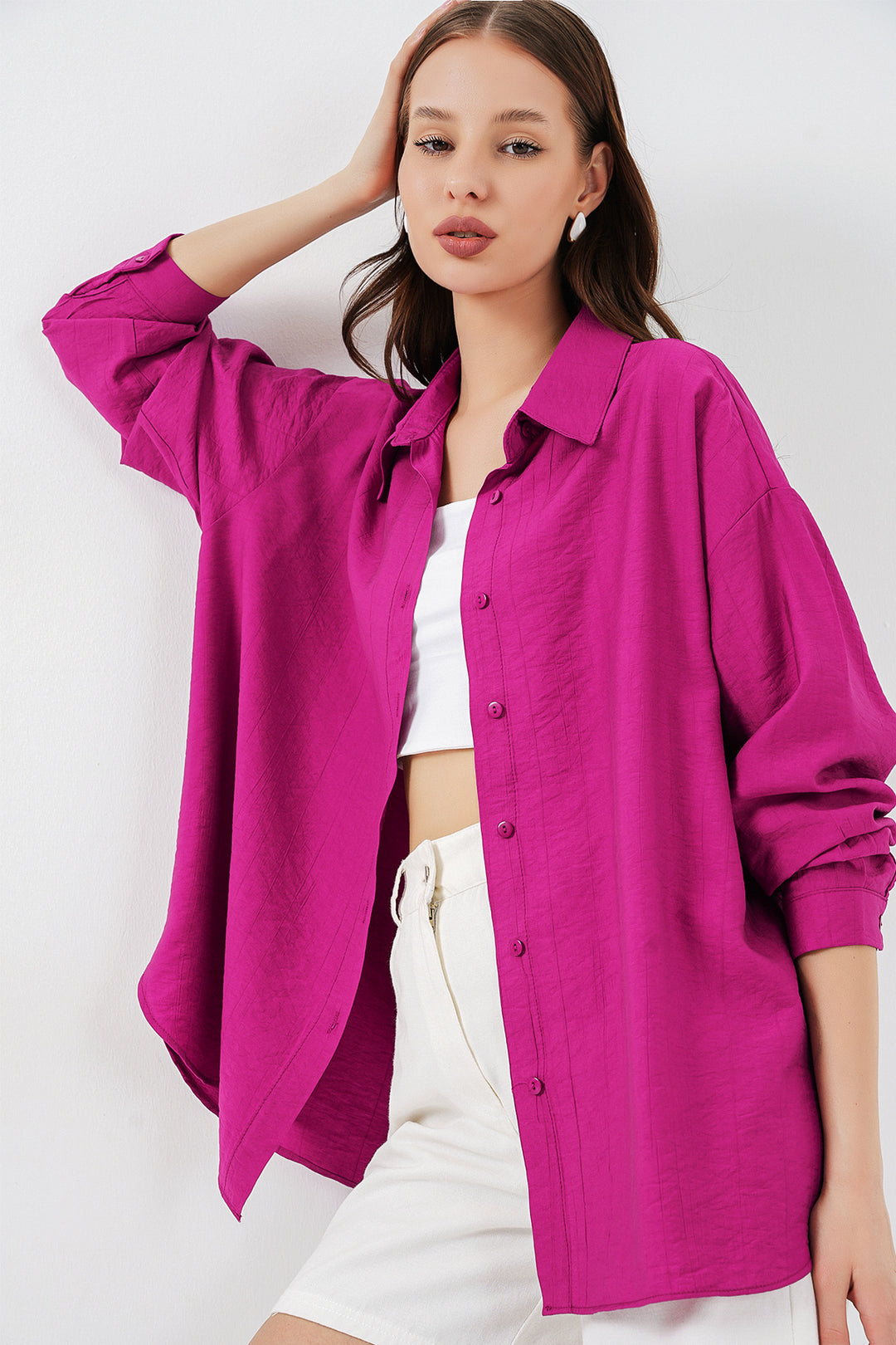BGD Women Kadın Uzun Oversize Gömlek 20334 - Koyu Pembe - McAllen