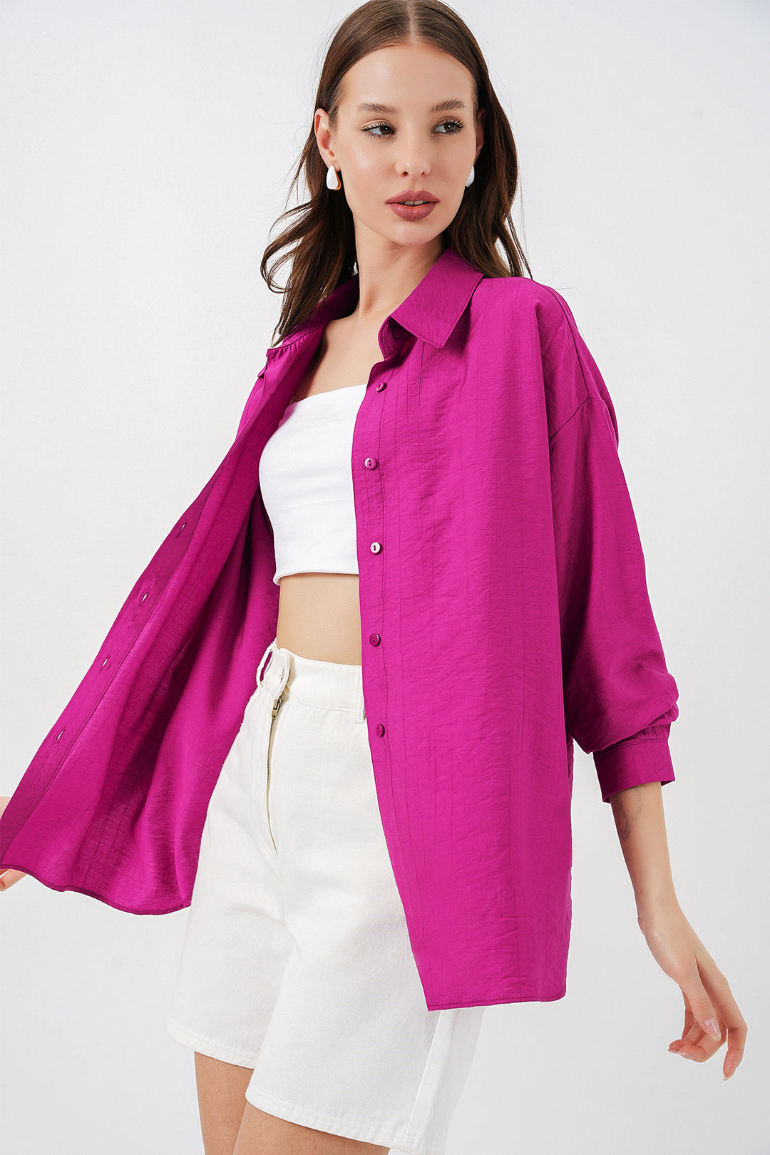 BGD Women Kadın Uzun Oversize Gömlek 20334 - Koyu Pembe - McAllen