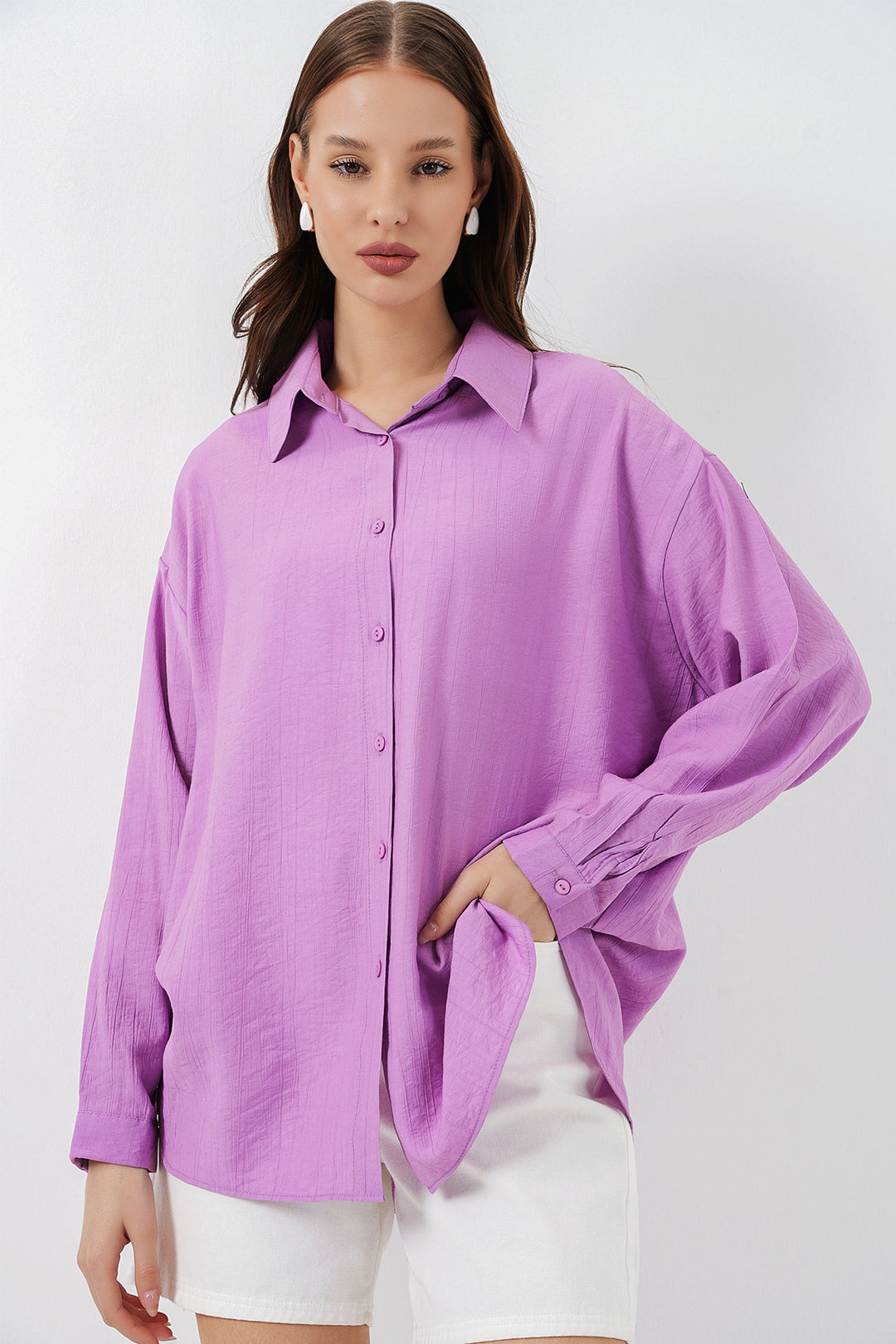 BGD Women Kadın Uzun Oversize Gömlek 20334 - Lila - Capannori