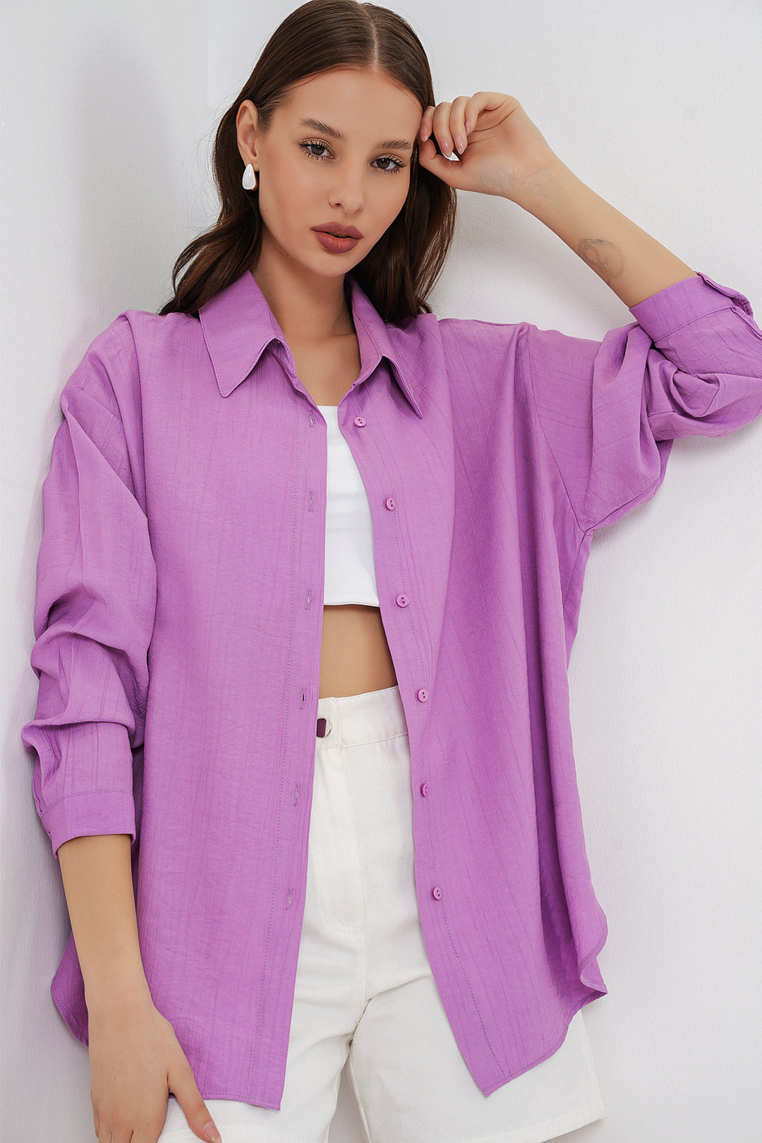 BGD Women Kadın Uzun Oversize Gömlek 20334 - Lila - Capannori